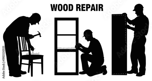 Silhouettes of craftsmen performing wood repair on furniture and shelving units