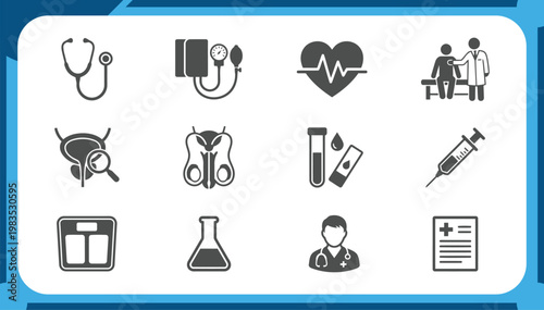 Large Collection of Professional Medical Icons Featuring Health Checkup, Cardiology, Lab Test, Doctor Consultation and Healthcare Diagnostic Graphic Elements Vector Set