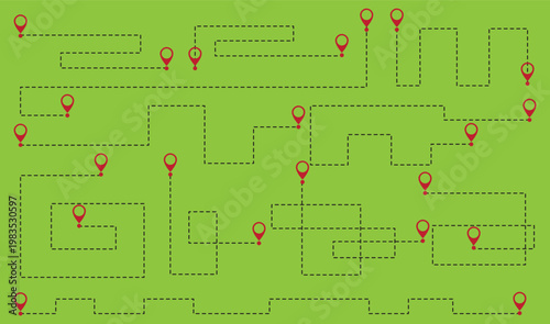 Vector art of a complex maze with red location pins on a bright green background