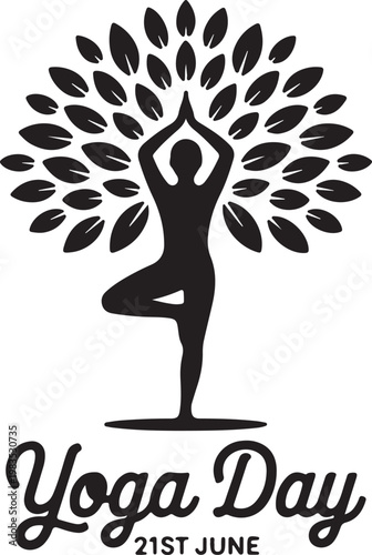 Black silhouette of a person in tree pose with leaves forming a tree canopy
