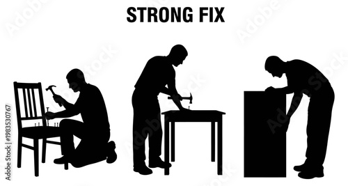 Silhouettes of men fixing furniture with hammers and tools during workshop assembly concept