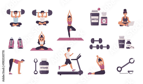 Sport workout vector set with cartoon people training in gym and fitness equipment diet supplements and accessories in modern flat style isolated on white background