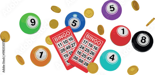 Colorful bingo game elements with cards numbered balls and coins casino lottery concept illustration isolated on light background