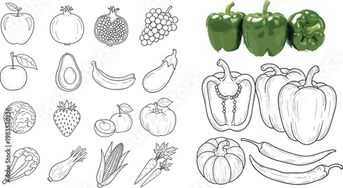 Hand drawn vegetable and fruit vector collection featuring peppers, banana, avocado, grapes, carrot, corn, onion and fresh produce set
