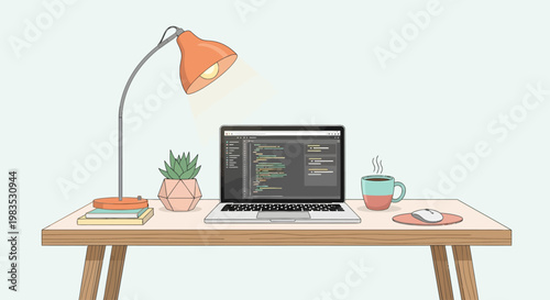 Modern workspace with laptop displaying code on screen and desk accessories.
