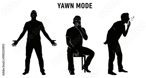 Silhouettes of men in yawn mode demonstrating fatigue and exhaustion during the day
