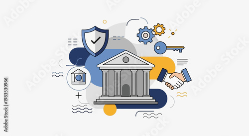 Conceptual illustration of secure banking and financial transactions with handshake and shield.