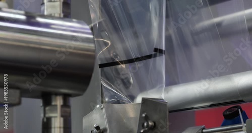 Transparent plastic film moves through industrial rollers into packaging machine. Automated material feeding stage in modern production line with precise mechanical control.