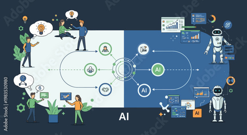 Conceptual illustration of artificial intelligence applications in business and technology.