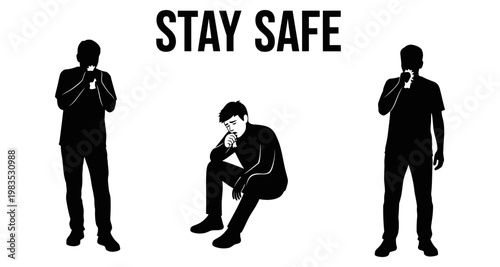 Silhouettes of men practicing social distancing holding masks during pandemic