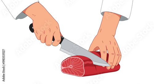 A skilled chef uses a long silver knife to cut through a thick rounded piece of fresh red meat against a clean white background setting for a gourmet recipe.
