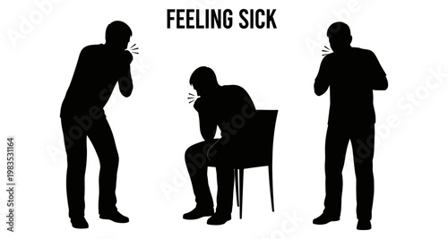 Silhouettes of men showing signs of illness during a common cold