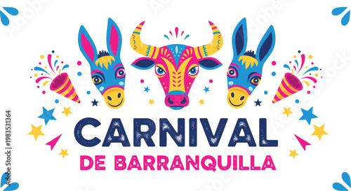 Colorful Carnival de Barranquilla poster with decorated animal masks confetti festive Latin celebration vibrant vector illustration design