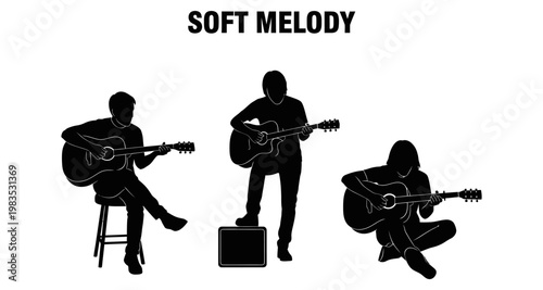 Silhouettes of musicians playing acoustic guitars during a performance with soft lighting