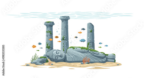 An ancient reclining Buddha statue lies on a sandy seabed surrounded by colorful tropical fish and mossy stone pillars beneath a shimmering water surface.