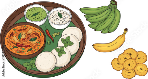 Traditional Indian food platter with idli dosa chutney and bananas vector illustration healthy meal and tropical fruit concept set