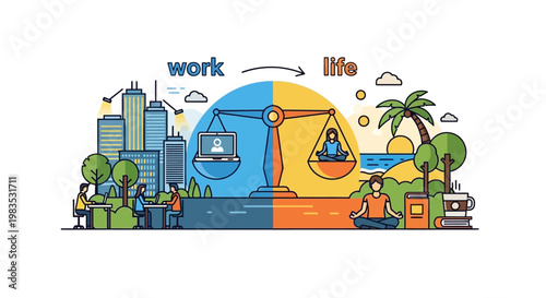 Conceptual illustration representing the balance between work and life with cityscape and nature elements.