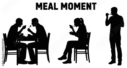 Silhouettes of people dining together and eating in isolation during a meal moment