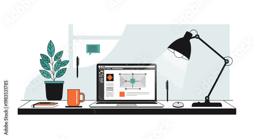 Modern workspace with laptop, coffee cup, and desk lamp on a clean desk.