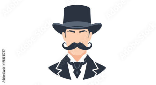 A sophisticated gentleman avatar features a tall charcoal top hat and a meticulously groomed handlebar mustache against a clean and minimalist white background.