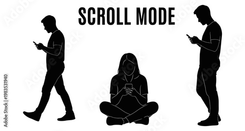 Silhouettes of people engaged with smartphones in various poses symbolizing digital connection