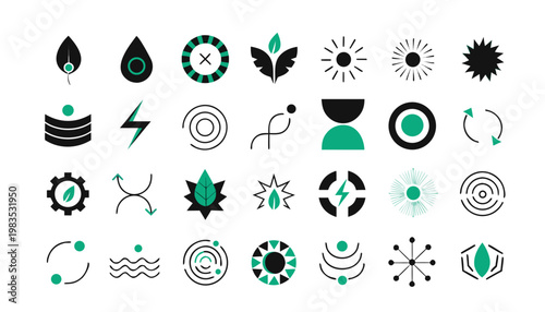 Set of abstract geometric icons with modern minimal symbols representing nature energy technology and design elements in flat style