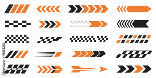 Racing cars and race car stripes icon set, checkered flag finish line symbols, fast motion sport graphics, automotive motorsport branding vector