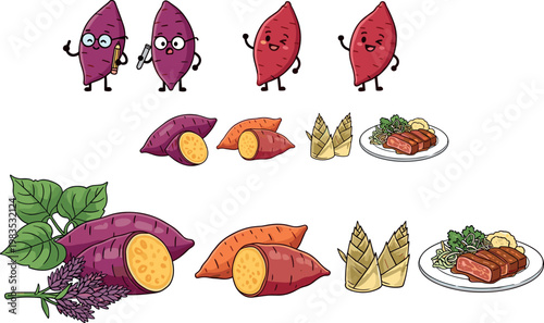 Sweet potato characters with sliced vegetables bamboo shoots and cooked dishes vector illustration food concept cartoon and organic set
