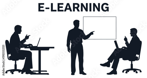 Silhouettes of people in a meeting during an e-learning session with a presenter and students at desks