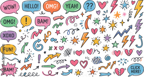 Colorful pop art style comic book doodle stickers and social media icons vector