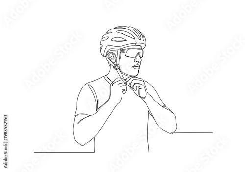 Man fastening bicycle helmet strap minimal line art illustration