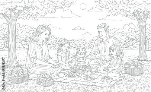 Happy parents and their three young children sitting on a blanket together while enjoying a fun outdoor picnic with baskets filled with delicious food in a peaceful park during the daytime