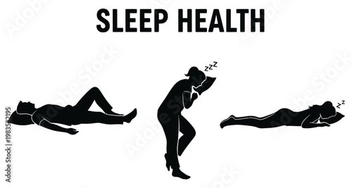 Silhouettes of people in different sleeping positions against a white background representing sleep health
