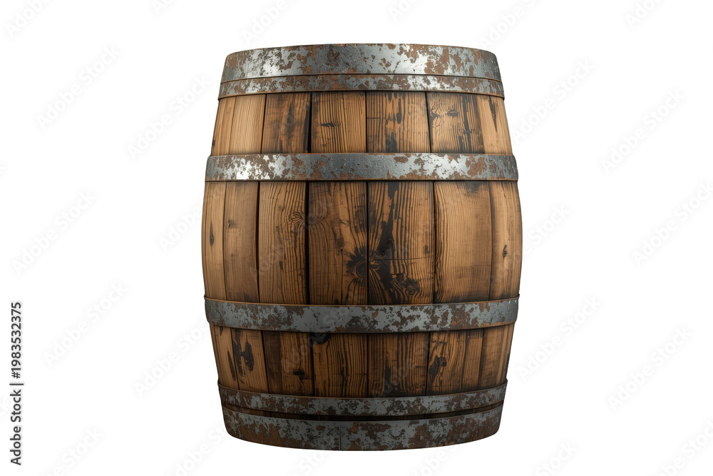 Fototapeta premium Wooden barrel with rustic metal hoops, a vintage container for storing aged beverages, transparent background