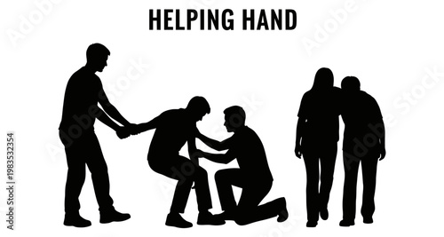 Silhouettes of people offering support and assistance in a conceptual depiction of help