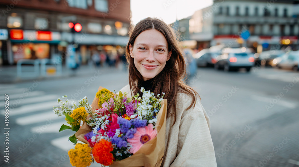 Fototapeta premium Smiling young woman holding colorful wildflower bouquet on city street at sunset. Concept of urban romance, happiness, and flower delivery. Authentic lifestyle portrait with cinematic bokeh.