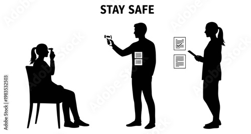 Silhouettes of people practicing social distancing and temperature screening for health safety