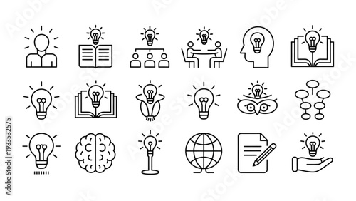 Collection of icons representing various concepts and activities in education and technology Vector