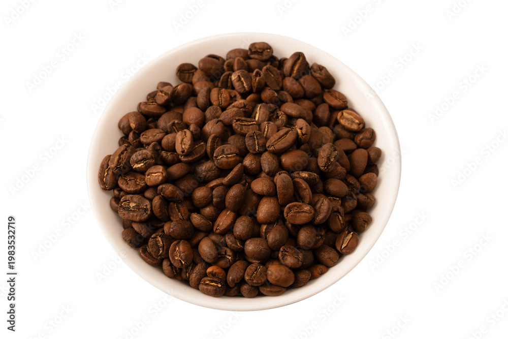 Fototapeta premium Coffee beans on a white background. Top view. Coffee beans texture.