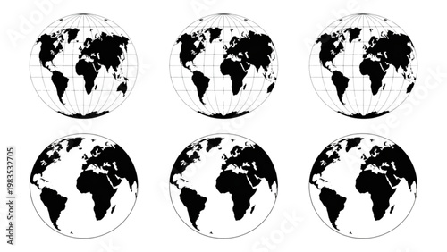 Six different views of the world map in black and white style Vector