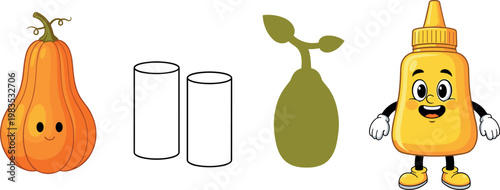 Cute pumpkin and sauce bottle characters with abstract shapes vector illustration food concept playful cartoon design set