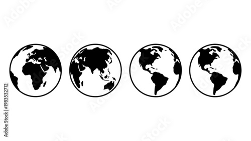 Four black and white globe icons depicting the earth in different states Vector