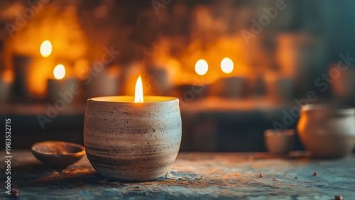 A close-up shot of a candle burning brightly in a ceramic pot, with a blurred background of similar pottery and soft lights