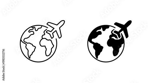 Two globes with airplanes flying above them in black and white illustration Vector