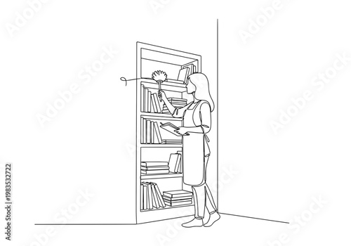 Woman taking book from bookshelf minimal line art illustration