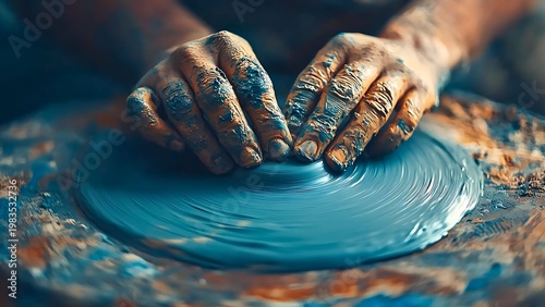 Close-up of hands creating pottery on a spinning wheel, artistry and craftsmanship in action. The hands are covered in clay, skillfully shaping the form