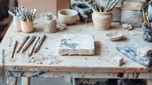 Artisan's workspace filled with tools and clay objects, showing creative process 