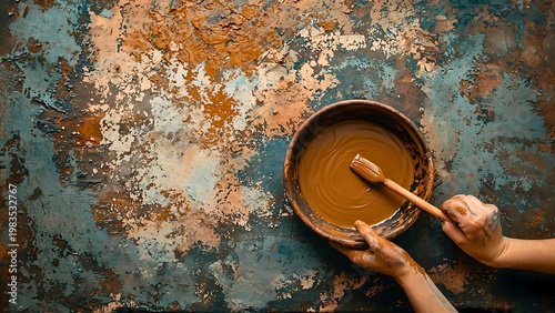 A person is working on a brown clay in a ceramic bowl
