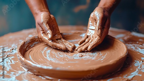 Close-up of hands shaping clay on a potter's wheel. A focused artist molds wet clay on the pottery wheel, shaping it into a new creation