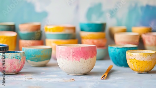 Colorful ceramic bowls beautifully arranged, with a range of vibrant colors and elegant designs. These bowls exude charm and artistic flair
